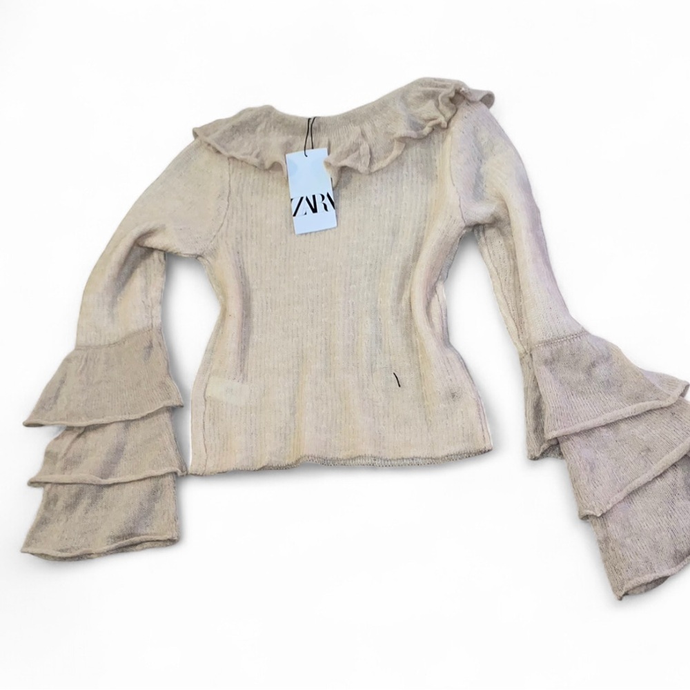 Zara Cream  wide Neck  Sweater with Ruffled Sleeves - Picture 2 of 3